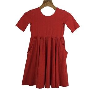 Hanna Andersson Girls Cotton Blend Short Sleeve Dress with Pockets Red 140 Sz M